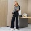 New Autumn and Winter V-neck Color Matching Striped Knitted Bat Sweater Loose Wide-leg Pants Knitted Two-piece Set