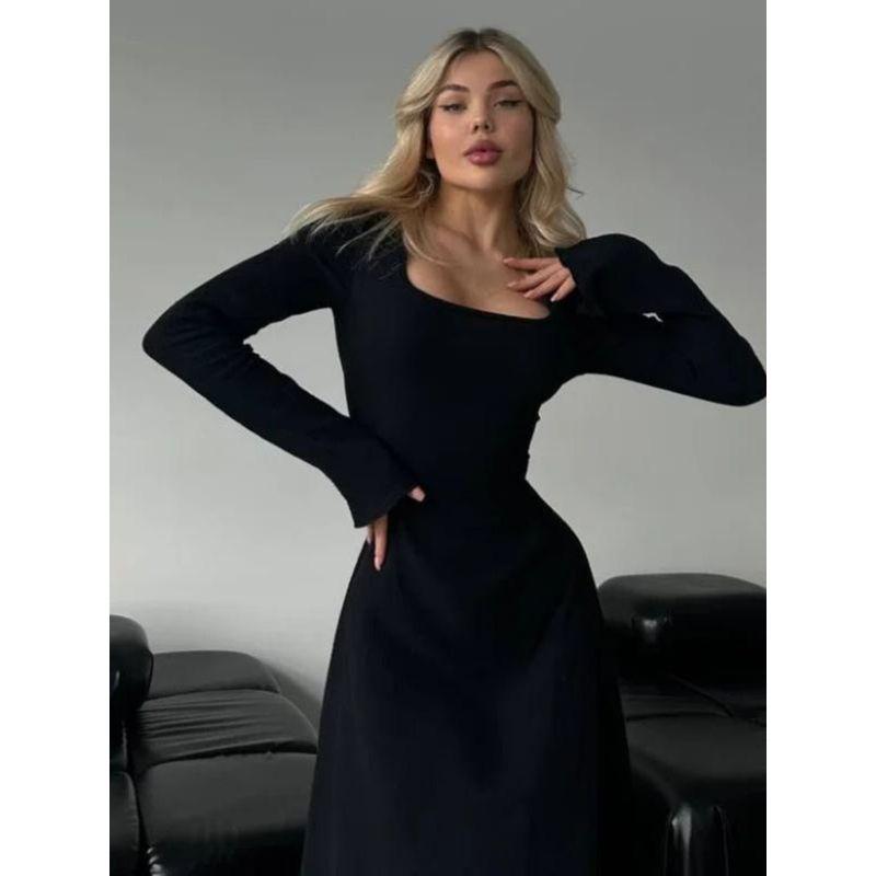 European and American Sexy Square Collar Long sleeve dress Women Autumn and Winter New Solid Slim fit Slimming Sheath Fishtail Formal Dress Long dress