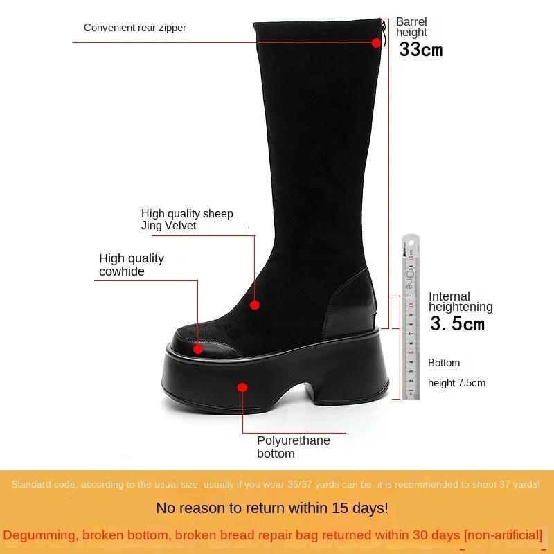 Fashion 11cm New Suede Genuine Leather Platform Wedge Winter Plush Women Boots Slip On Spring Warm Ankle Booties Autumn Shoes