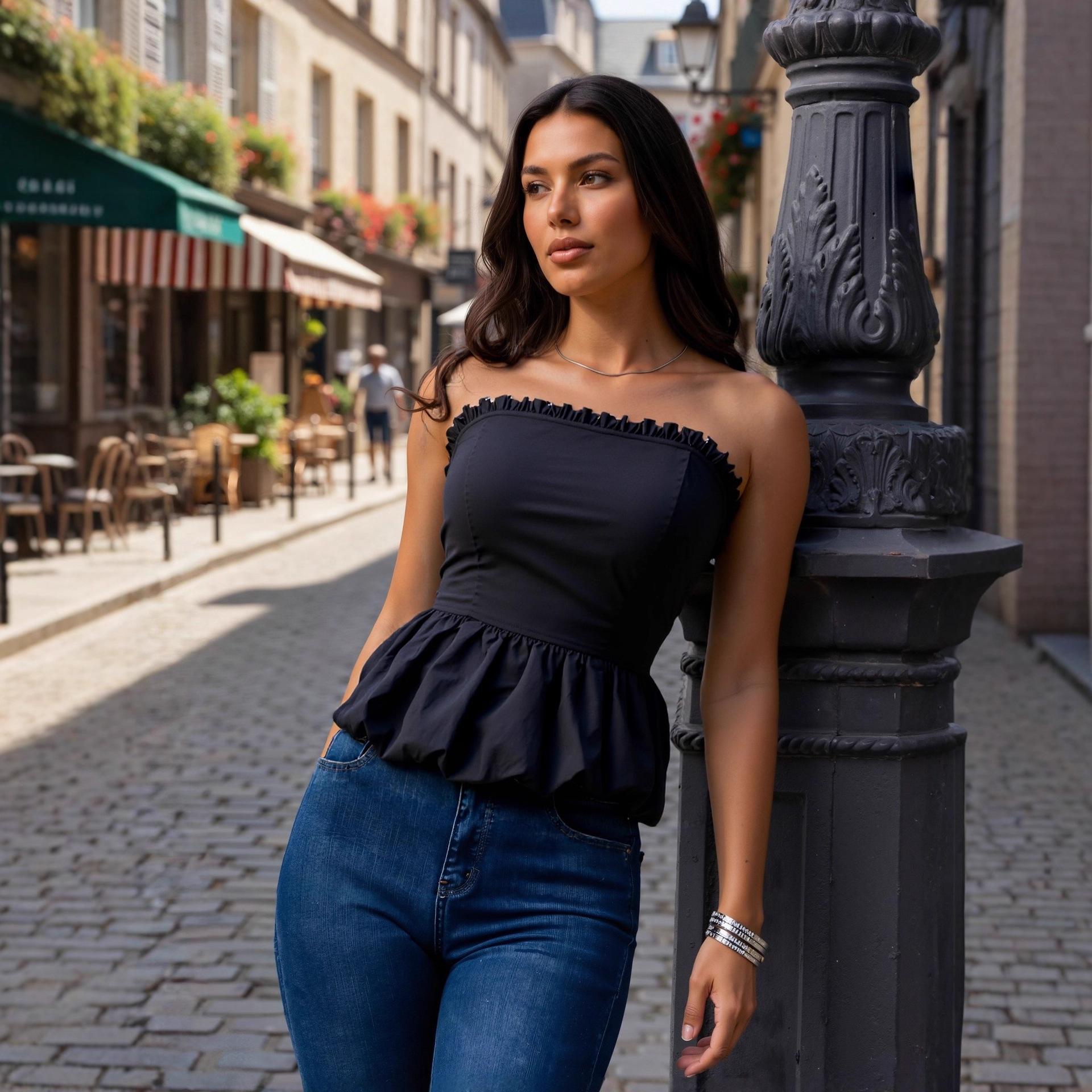 Women s European One-Shoulder Ruched Slim-Fit Strapless Ruffle Tank Top - Pure Desire Style European size S
