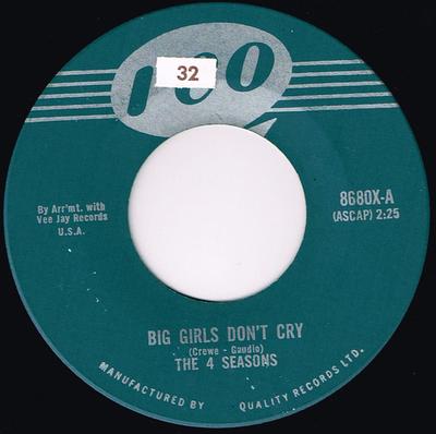 7inch Record FOUR SEASONS - Big Girls Don't Cry 8680X Reo 1962 Canada Rock Used