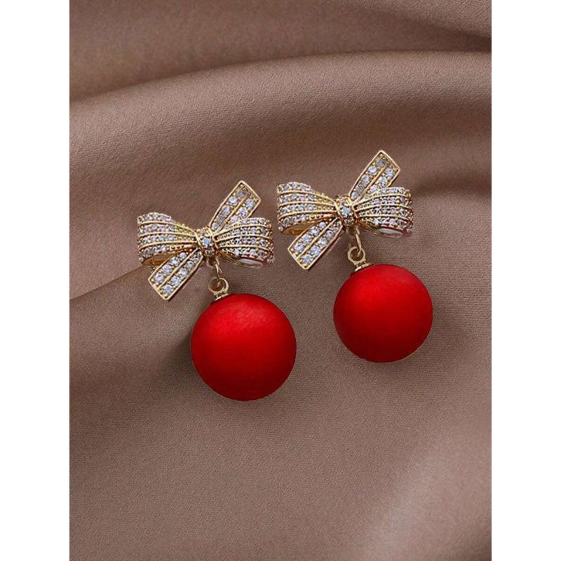 Luxury Red Pearl Zircon Bowknot Earrings Stud For Women Earrings Hook Dangle New Year Christmas Party Jewelry Gift