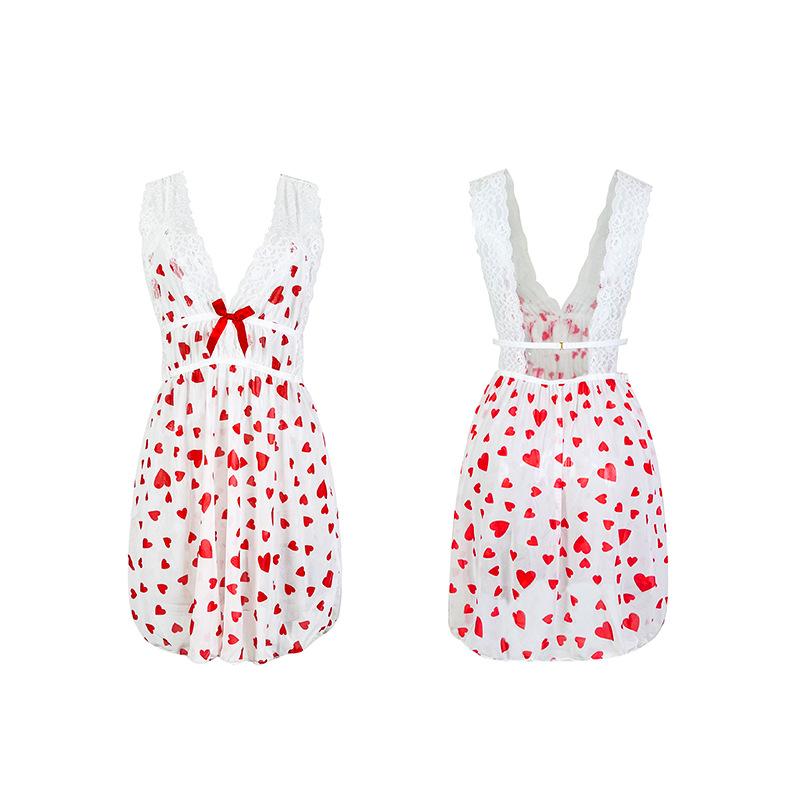 Sexy Low-Cut Heart Print Nightgown Backless Bow Decor Sheer Mesh Short Cami Pajamas Cute Seductive Sleepwear Ideal for Valentine’s Day Intimate Dates