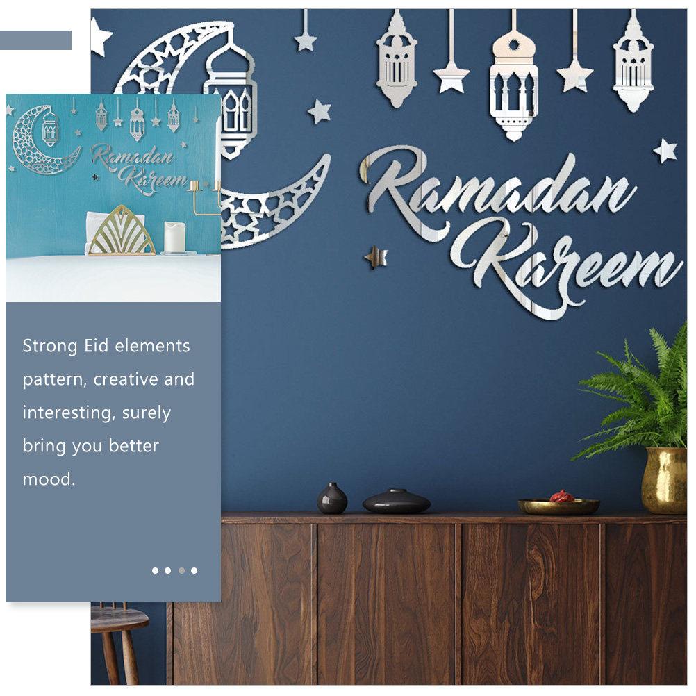 1 Sheet Mirror Effect Wall Stickers Eid Mubarak Ramadan Acrylic Moon and Star Design Festive Home Decor Window Door