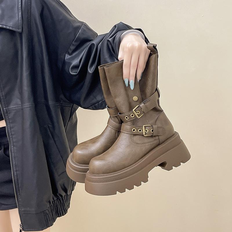Fashion Versatile Platform Leather Boots Increase the Height of Two Wear Martin Boots Women's Autumn and Winter Retro Buckle Knight Boots Locomotive