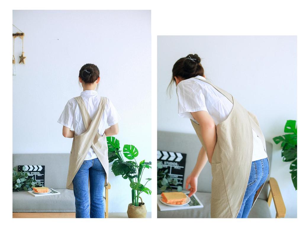 Retro Floral Cotton Linen Apron - Japanese & Korean Style, Comfortable Women's Bib with Printed Logo