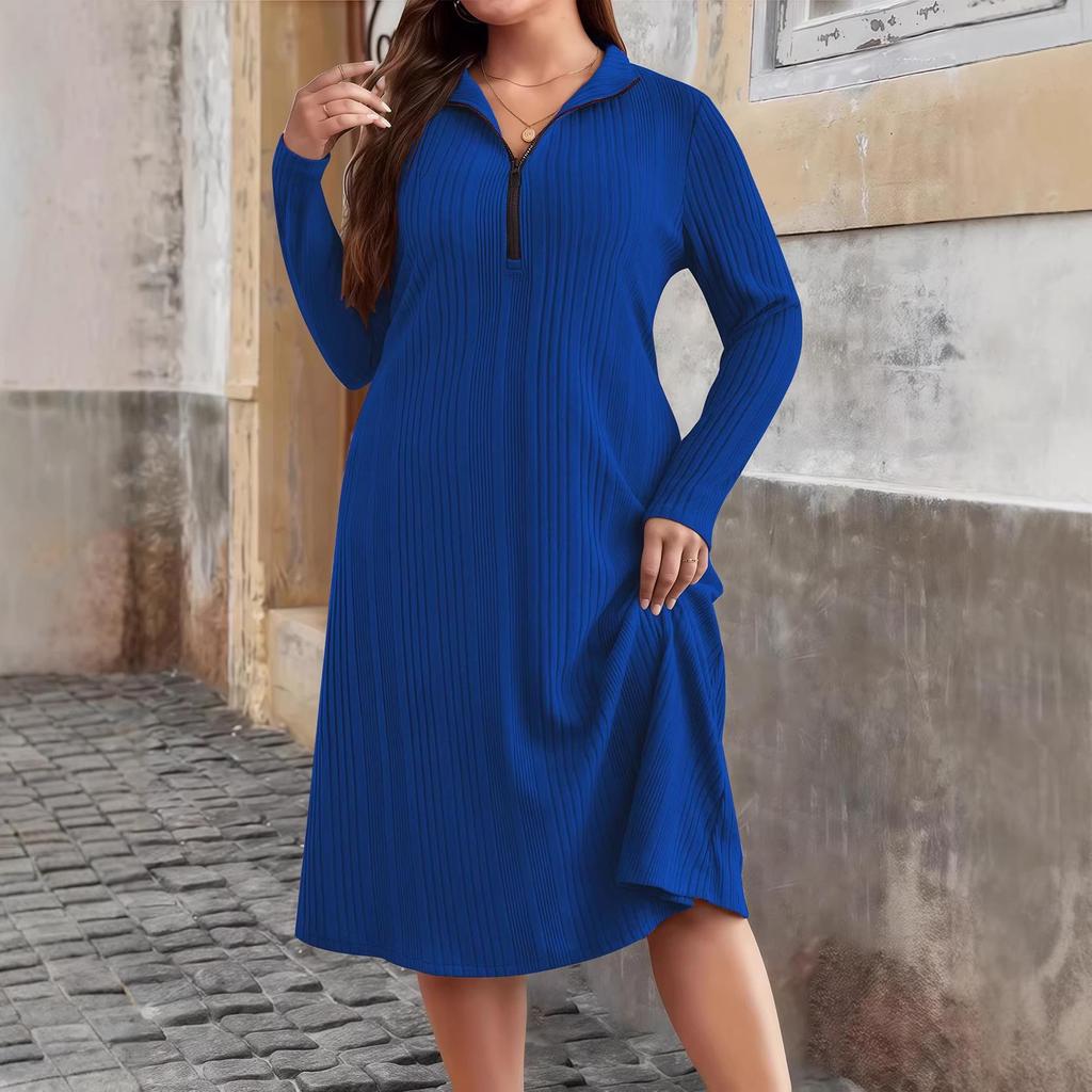 2025 Autumn/Winter European Plus Size Women's Round Neck Zippered Striped Dress