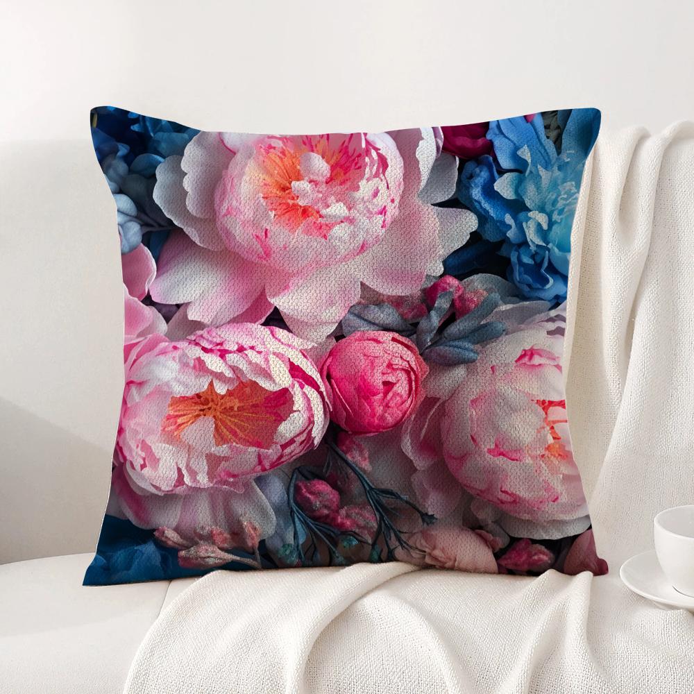Hot Peony Cushion Cover Natural Linen Organic Fabric DoubleSided Printing Sofa Home Decor Breathable Bed Pillow