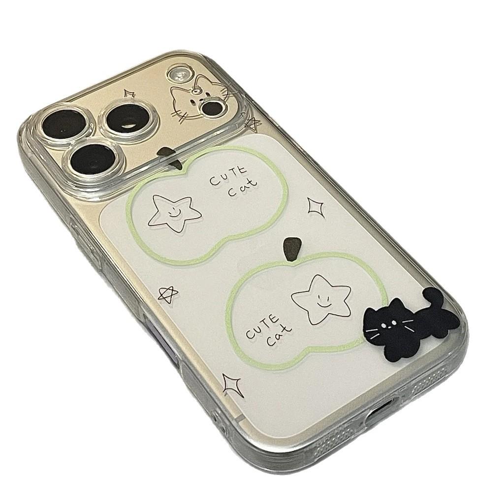 Star green apple black cat applies to Apple 17Promax transparent phone case IP16 cute 15 space case 14 soft