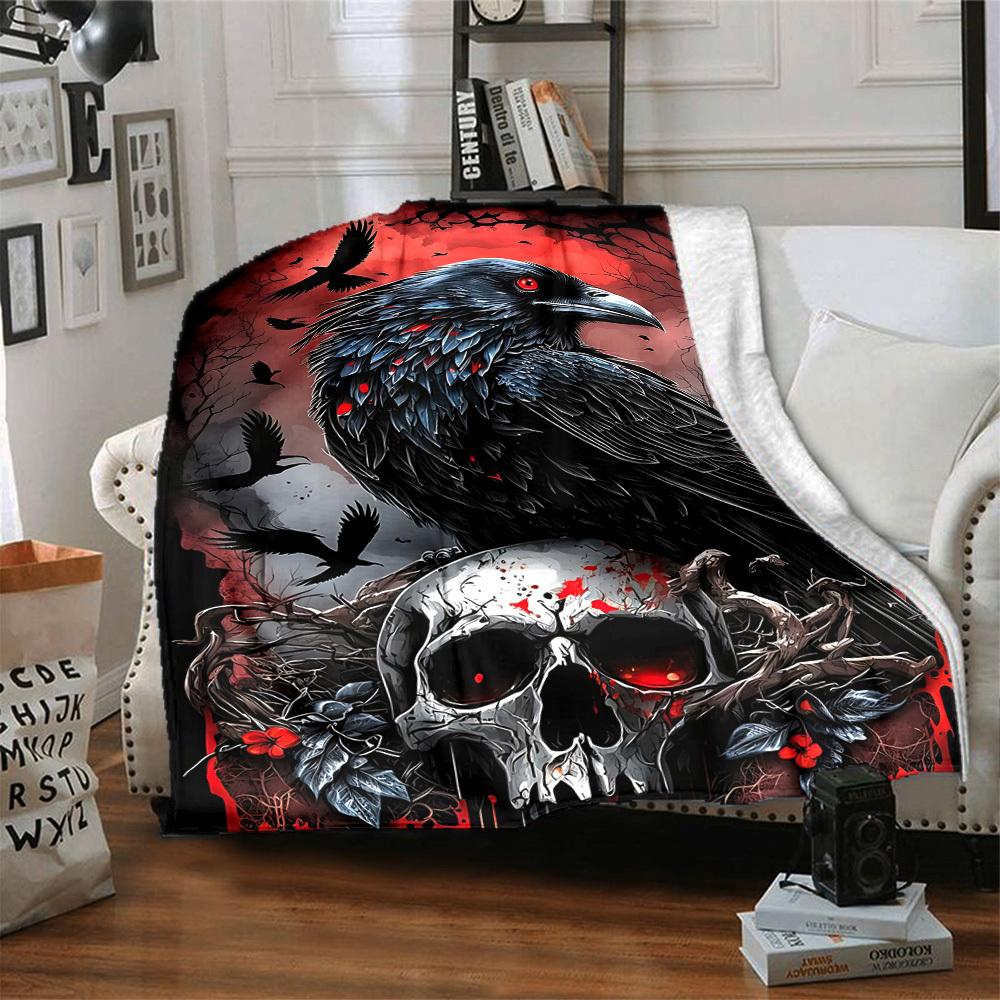 1pc Raven Skull Artwork Blanket, Lightweight Flannel Throw For Sofa, Bed, Travel, Camping, Livingroom, Office, Couch, Chair, And Bed,