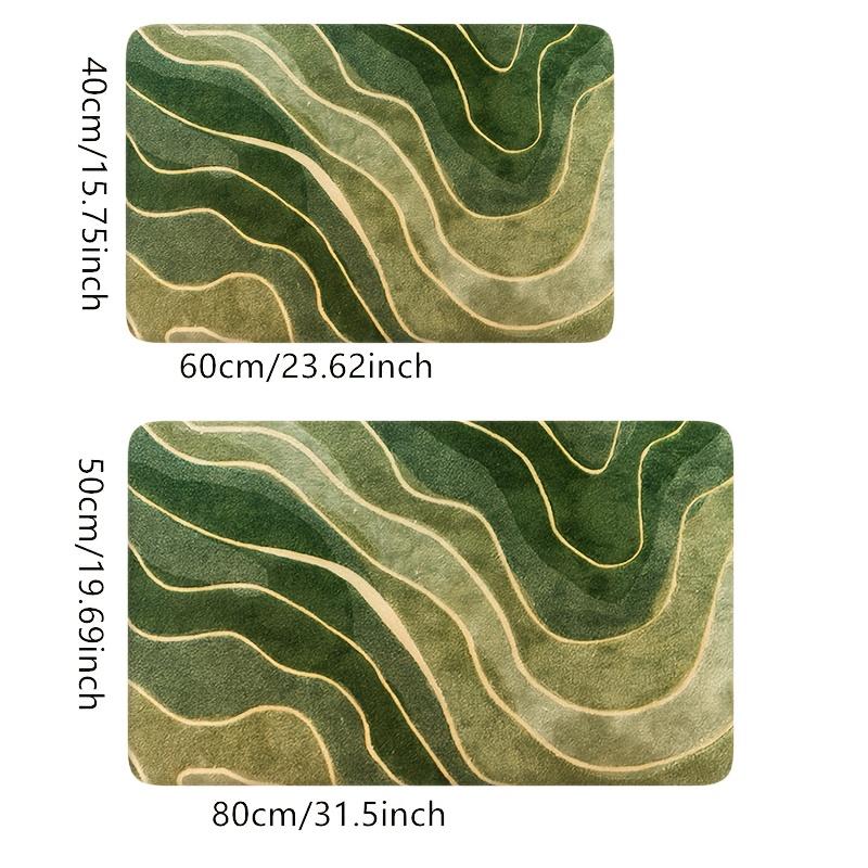 Green Minimalist Wave Bath Mat, Soft Flannel Non-Slip Rug, Printed Carpet for Bathroom, Living Room, Kitchen, Modern Home Decor