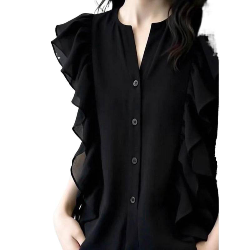 Premium Solid Color Ruffle Edge Short-sleeved Shirt Thin Summer New Fashion Niche Design Thin Top