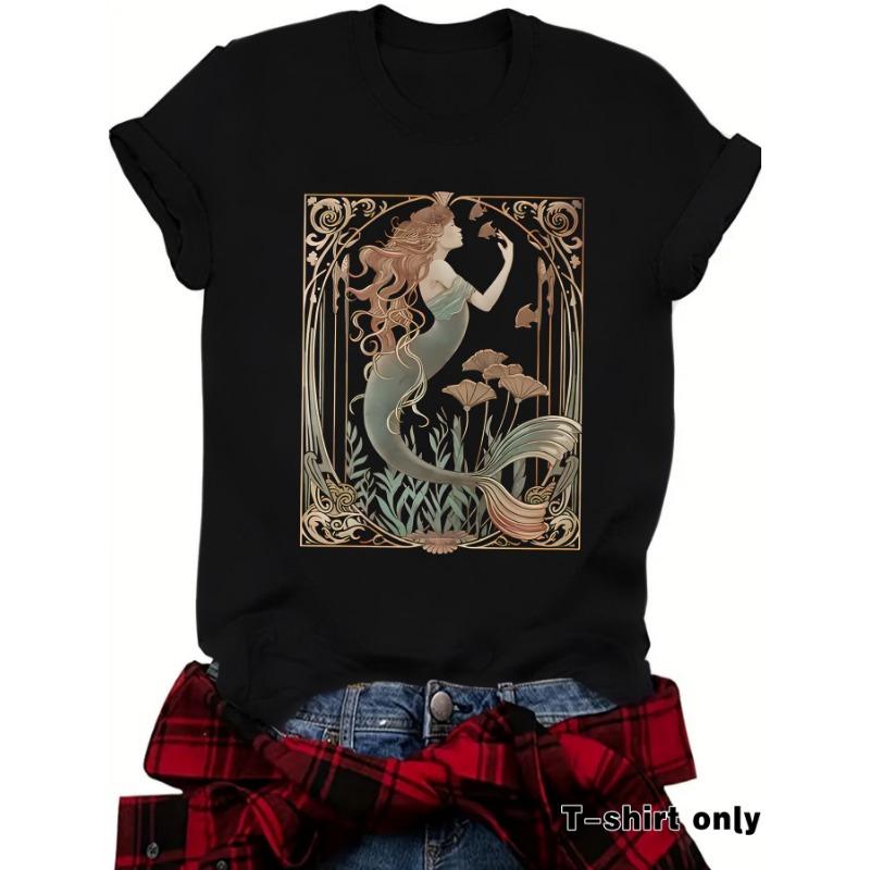 Women's Summer Casual T-shirt Mermaid Pattern Round Neck Short Sleeve Top