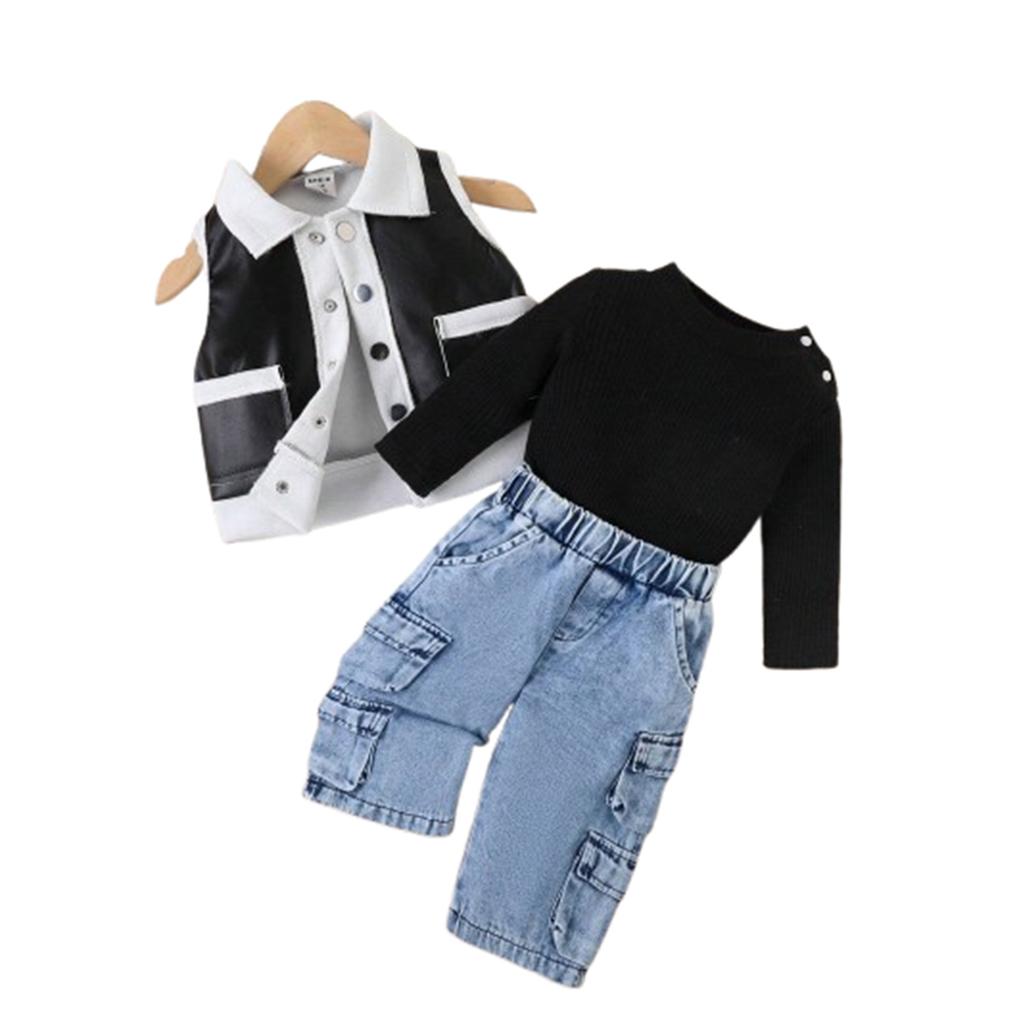 Girls' Fashion Casual Suit Spring and Autumn Children's Top with Lapel Color Matching Leather Coat Jeans Set