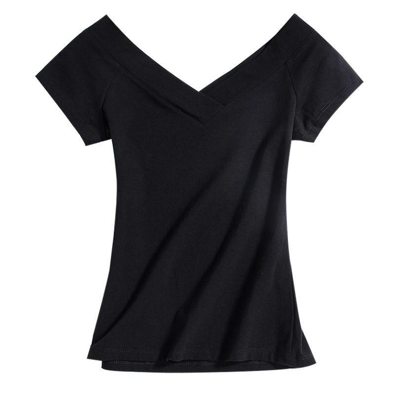 Damska Bluzka Wiosenno-Letnia z Dekoltem V, Krótkim Rękawem, Dopasowana, Jednokolorowa Koszulka Body z Krótkim Rękawem, Niskim Dekoltem, Damska z Krótkim Rękawem