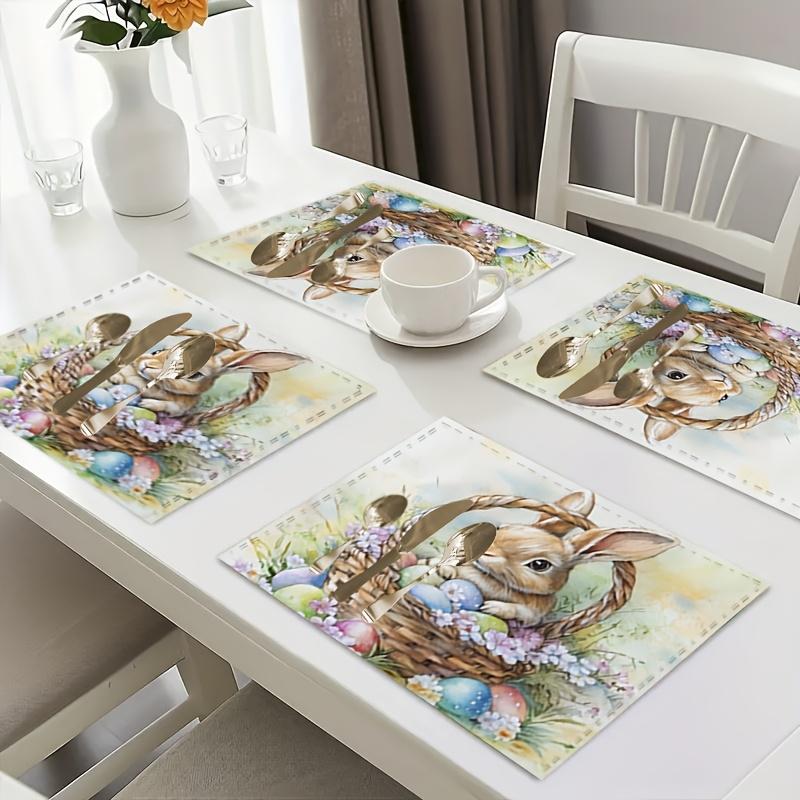 1PC A Cute Easter Bunny Placed In A Basket with Flowers and Eggs Placemat 30X45cm