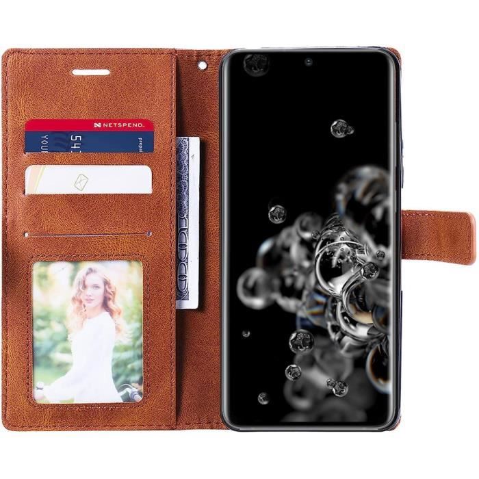 Set of 2 Tempered Glasses+ Case for Samsung S20 Ultra Full Coverage Synthetic Leather Brown