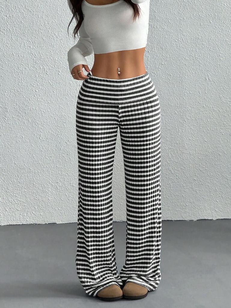 Women's Mid Rise Wide Leg Pants Straight Fit Striped Knit Casual Trousers Mid Stretch Fall Daily Flared Lounge Bottom