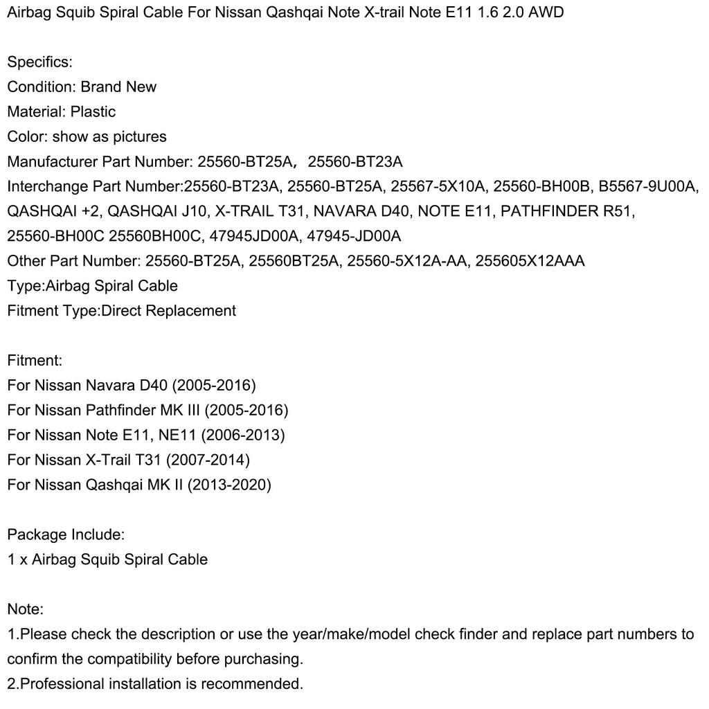 Airbag Squib Spiral Cable For Nissan Qashqai Note X-trail Note E11 1.6 2.0 AWD