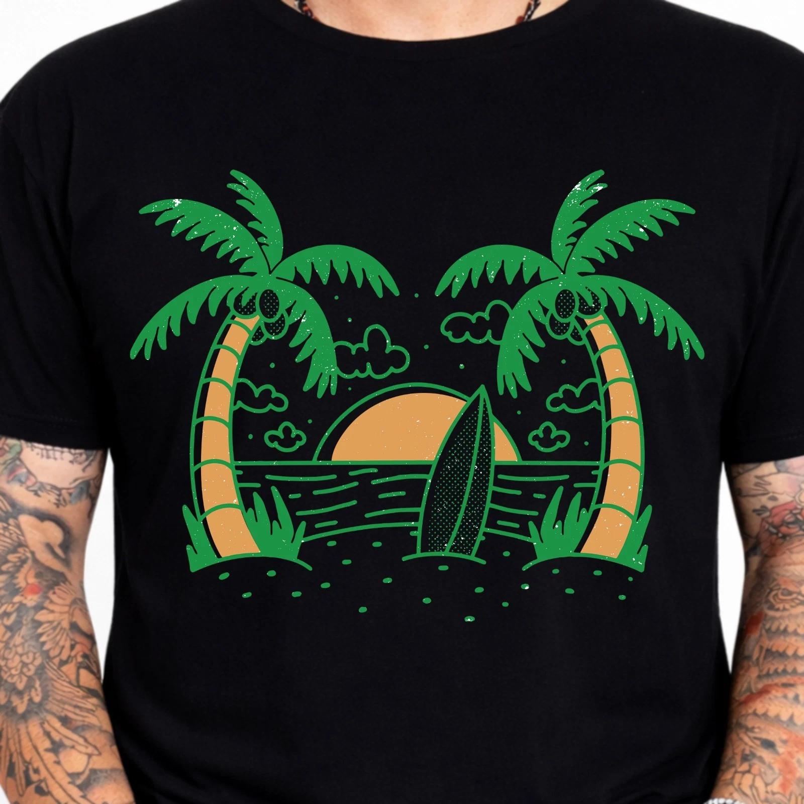 Tropical Beach Palm Tree Surfboard Sunset Ocean Summer Vacation T-Shirt. S