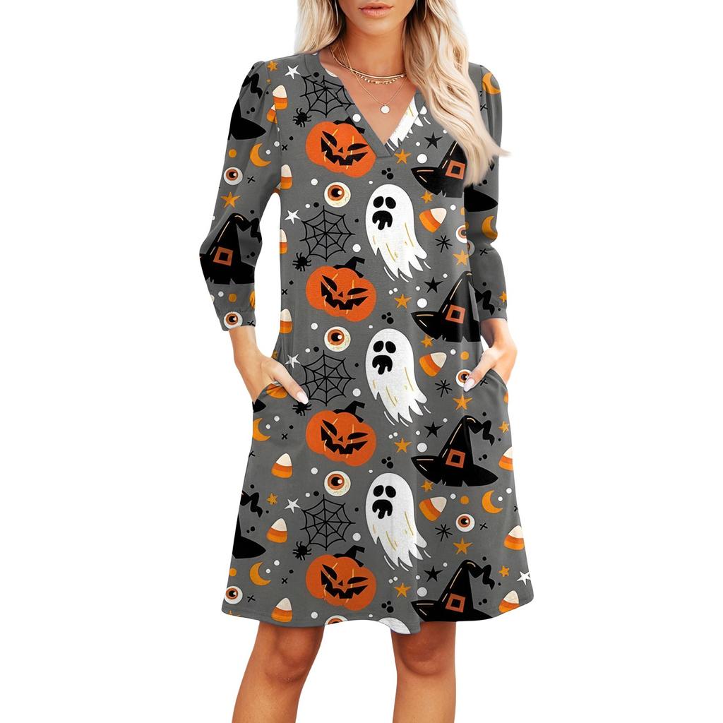 Damenmode V-Ausschnitt Lässiges Strandkleid Dreiviertelärmel Halloween-Print Kleid