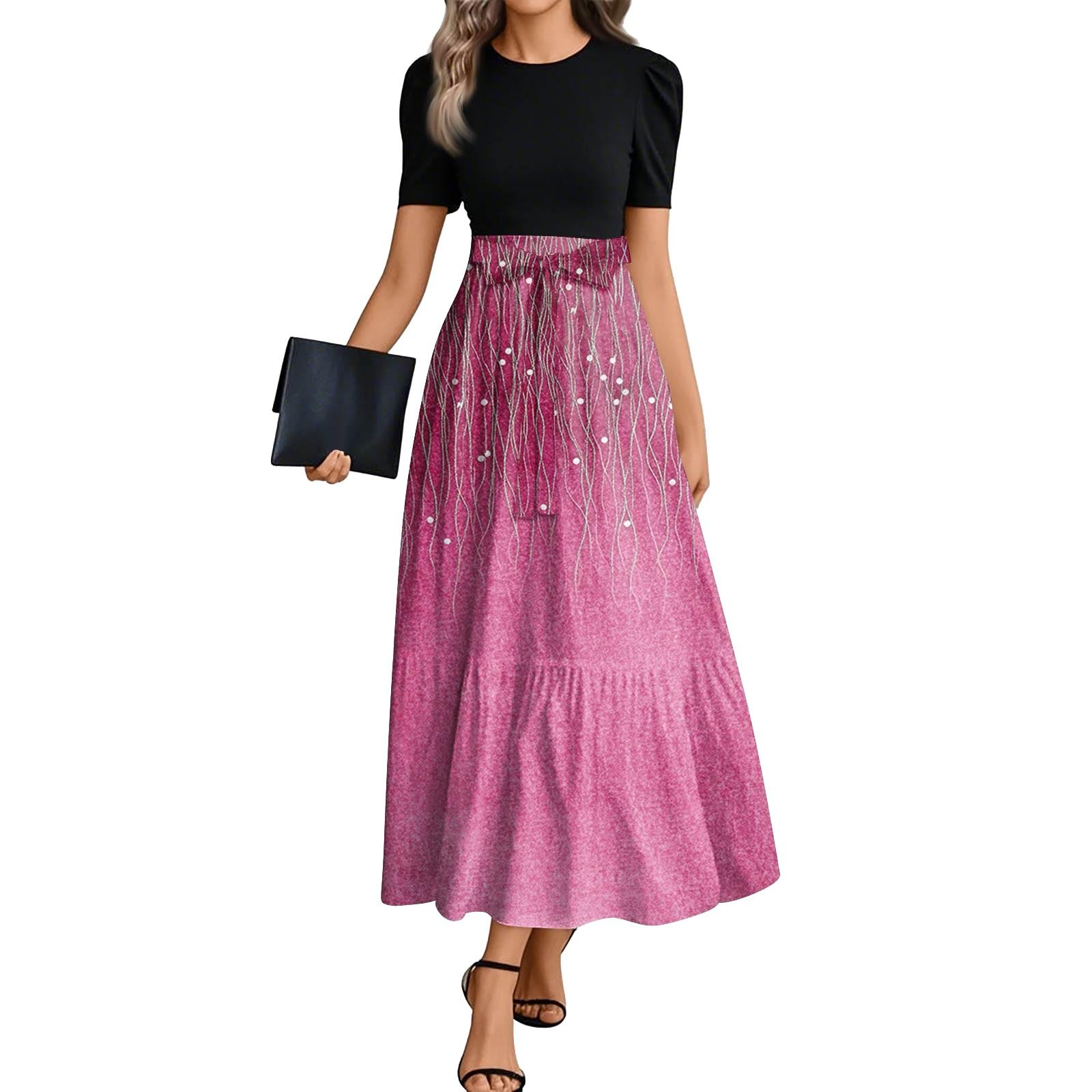Women s Fashion Casual Belted Round Neck Short Sleeve Floral Patchwork Elegant Dresses S