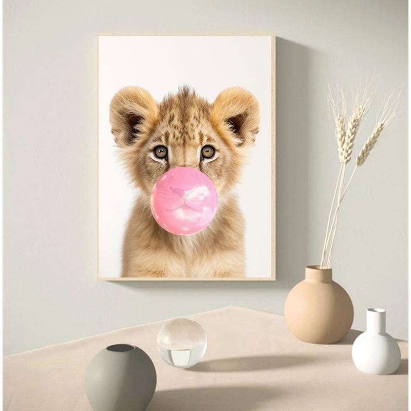 Baby Zebra Rabbit Deer Zebra Raccoon with Pink Gum Poster Baby Animals Nursery Wall Art Canvas Painting Print Wall Decor Mural