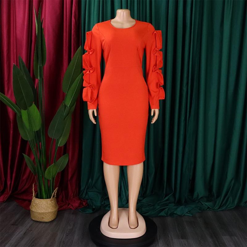 Plus Size Women Elegant Long Sleeve High Waist Solid Pencil Midi Dress