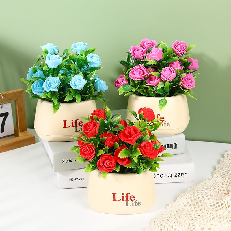 Faux Rose Flower Pot With Durable Foam Material For Home Interior And Gift Use