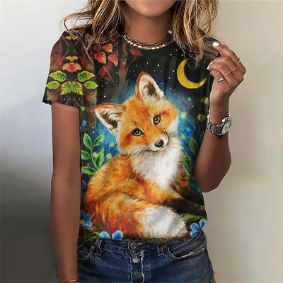 3D-gedrucktes Fuchs-T-Shirt für Frauen, Cartoon-Tiere, grafische T-Shirts, Sommermode, Harajuku, übergroße T-Shirts mit Rundhalsausschnitt und kurzen Ärmeln