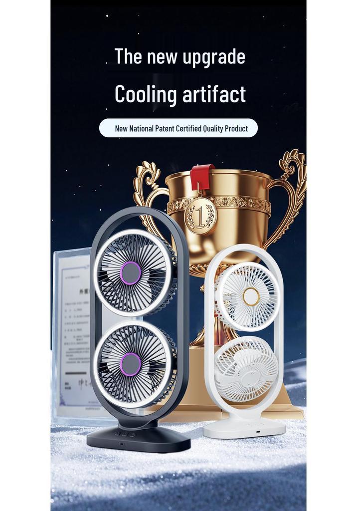 Dual-Head USB Desktop Fan with Light and Five Speeds for Home and Outdoor Use
