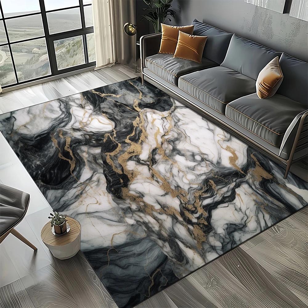 2025 New Style Fashion Marble Black White Gold Stone Carpet Rug for Living Room Bedroom Home Sofa Decoration,Non-slip Floor Mat