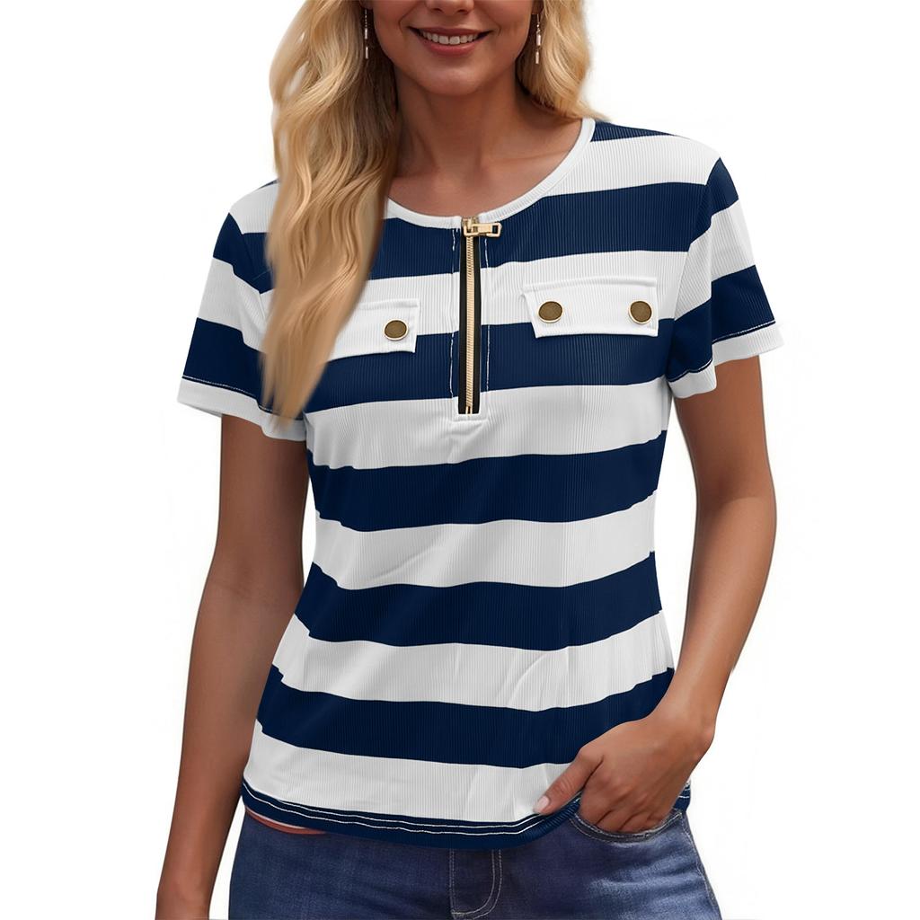 Women's Fashion Color Matching Short Sleeve Round Neck Zipper Top
