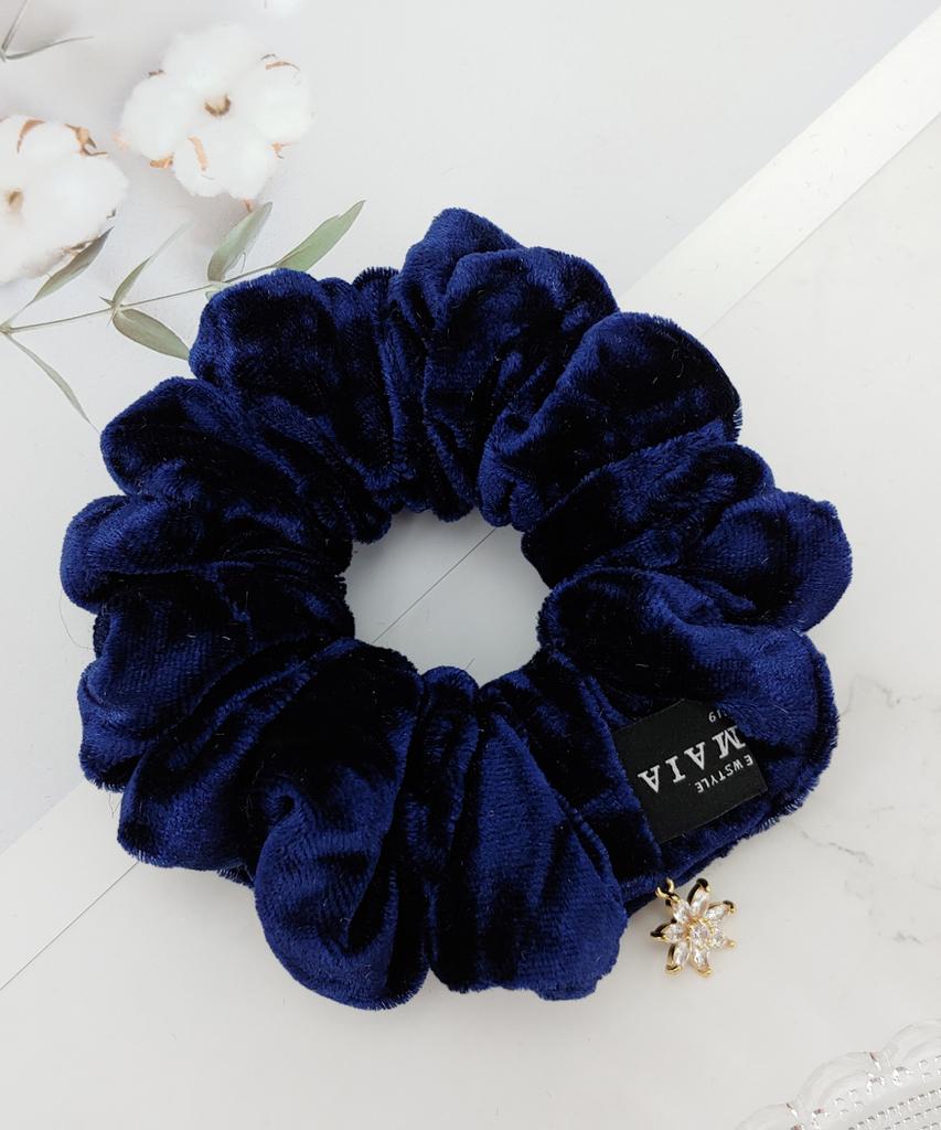 Maia Velvet Crystal Scrunchie - Navy