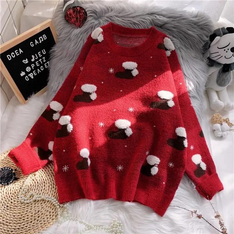 Schneeflocke Christma O-Ausschnitt Pullover Damenmode Langarm Herbst Winter Socken Print Strickpullover Chic Lady Jumper