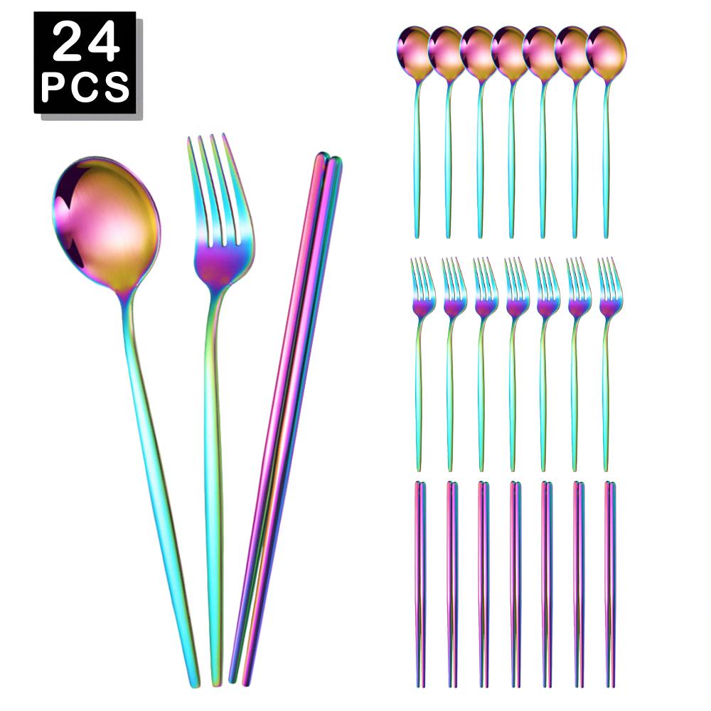 Golden Korean Tableware Set 24Pcs Luxury Cutlery Set Stainless Steel Dinnerware Fork Spoon Chopsticks Flatware Set
