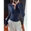 Women Slim Fitted Long Sleeve Button Front Solid Casual Inner T Shirt