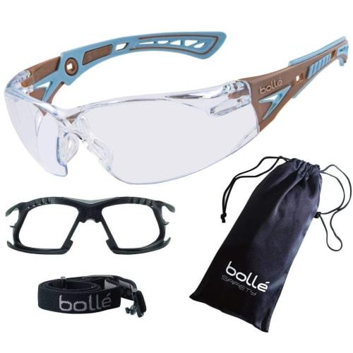 bolle SAFETY Rush Plus 4-Piece Set (Goggles, Gasket Kit, Pouch, Original Cloth) (Pouch: Seattle Mocha, Clear)