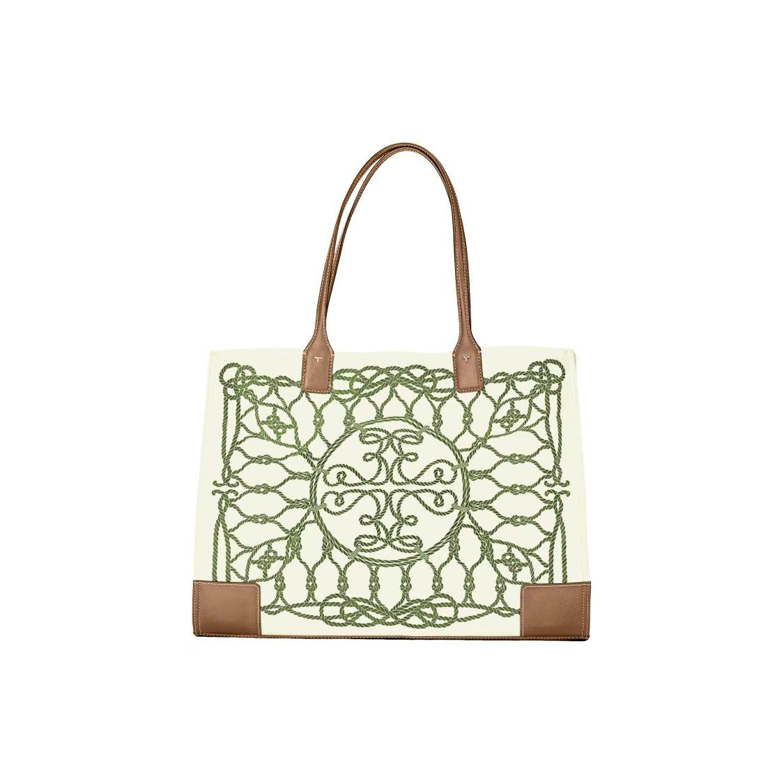 

Tory Burch Ella Logo Print Magnetic Closure Recycled Polyester Faux Leather Trim Tote Bag Women Tote Bags Ivory Green 158865-250 Basic Set (Bag+Dust Bag)