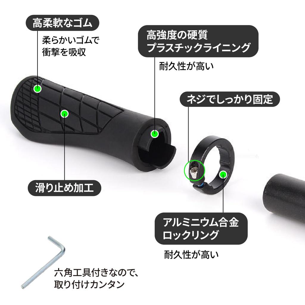 Sakurawing Universal Handlebar Grips for Bicycles, Cross Bikes, and Mountain Bikes, Ergonomic, Non-Slip, and Shock-Absorbing, Set of 1 (Black)