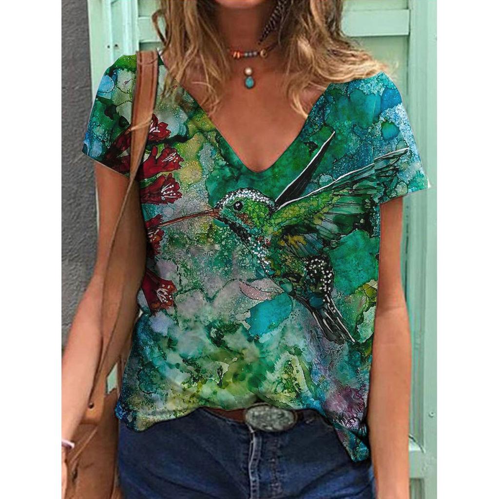 New 3D Printed Short Sleeved Women's Summer Casual Flower and Bird Print V-neck T-shirt