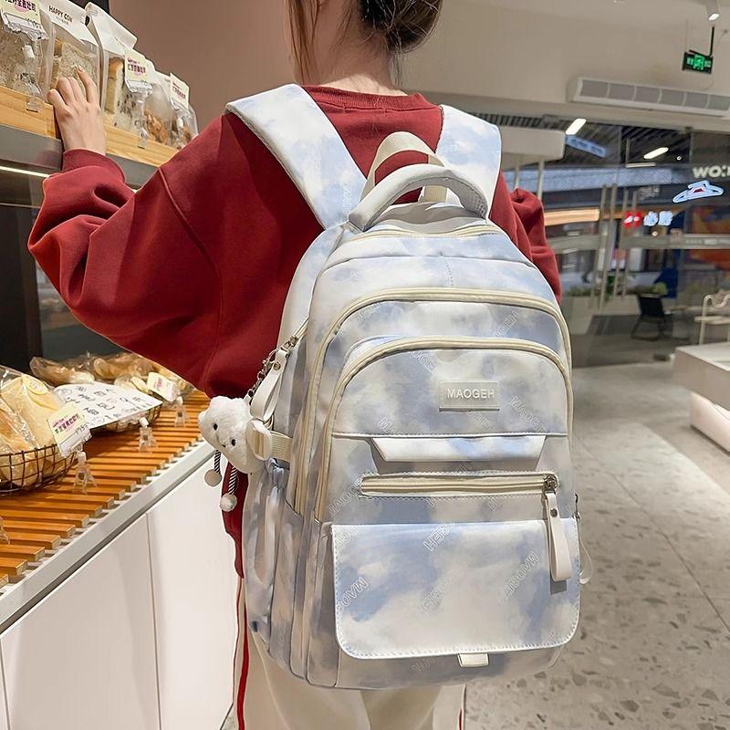 

Backpack Girls Niche Style Multilayer Simplicity Easiest for Match Schoolbag 6126 blue + long legs clouds
