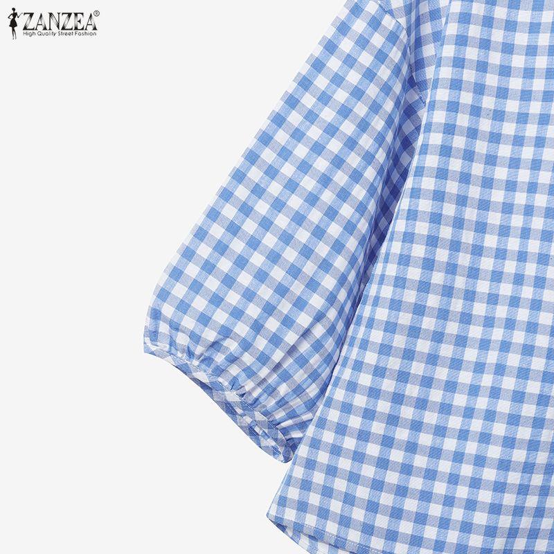 ZANZEA Women 3/4 Sleeve Blouse and Pants Plaid Print Two Piece Suit Sets