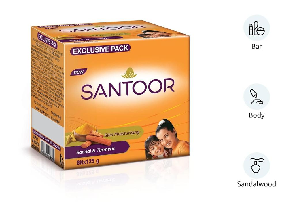 Santoor Sandal And Turmeric Bathing Soap Bar For Soft Glowing Skin Moisturizing Body Cleanser Pack Of 1 ( 8N X 125 G )