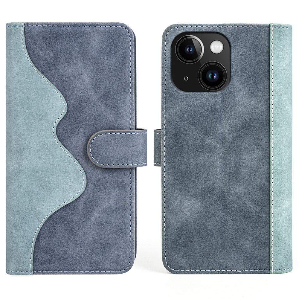

For iPhone 15 Dual-color Splicing Magnetic Clasp PU Leather Wallet Phone Cover Drop-proof Case Blue