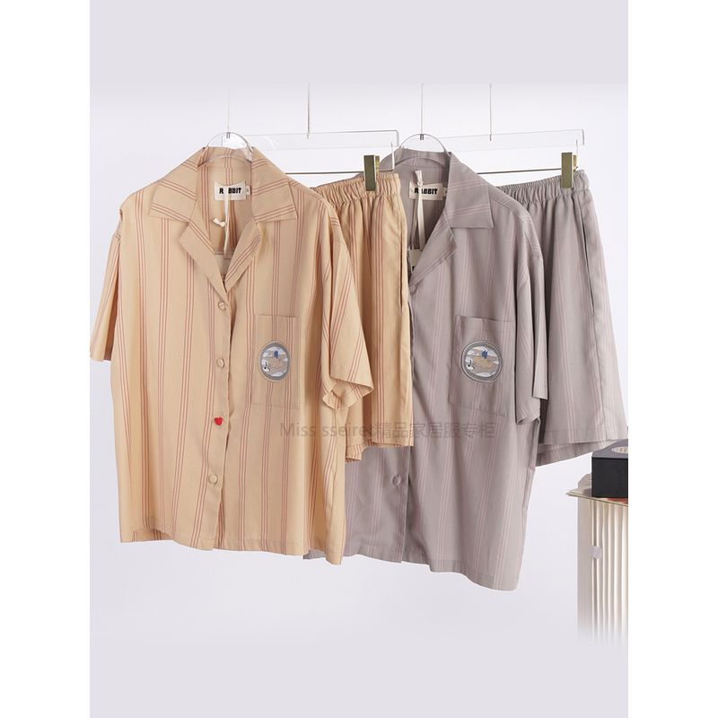 Same Style Accessible Luxury ~ Rabbit Embroider Tencel Cotton Pajamas Men's and Women's Suits Short Sleeve Shorts Stripes Couple Home Wear