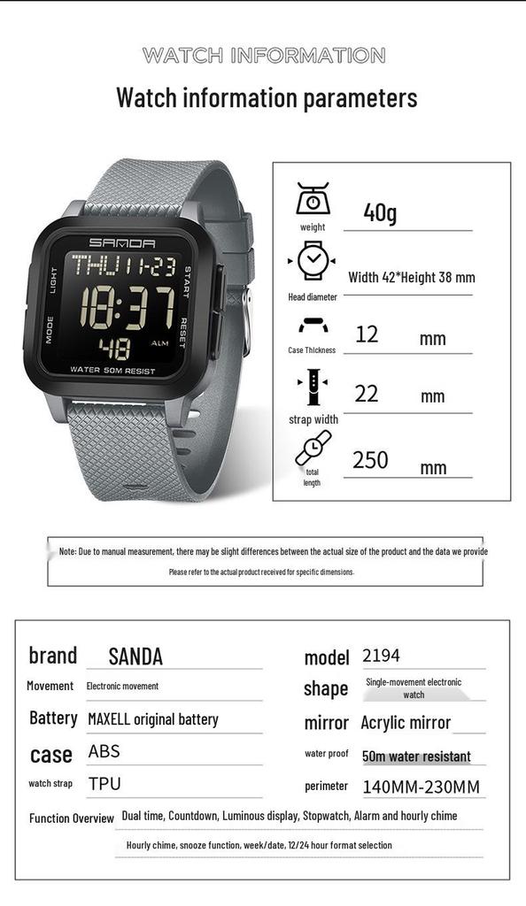 Sanda Student Sports Watch - Waterproof, Luminous Large Dial, Countdown Timer, Multifunction Alarm Clock, Square Electronic Design