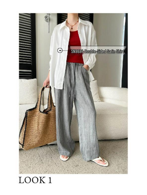 Sinan Tencel Linen Drawstring Wide-Leg Floor-Length Casual Pants SN8668