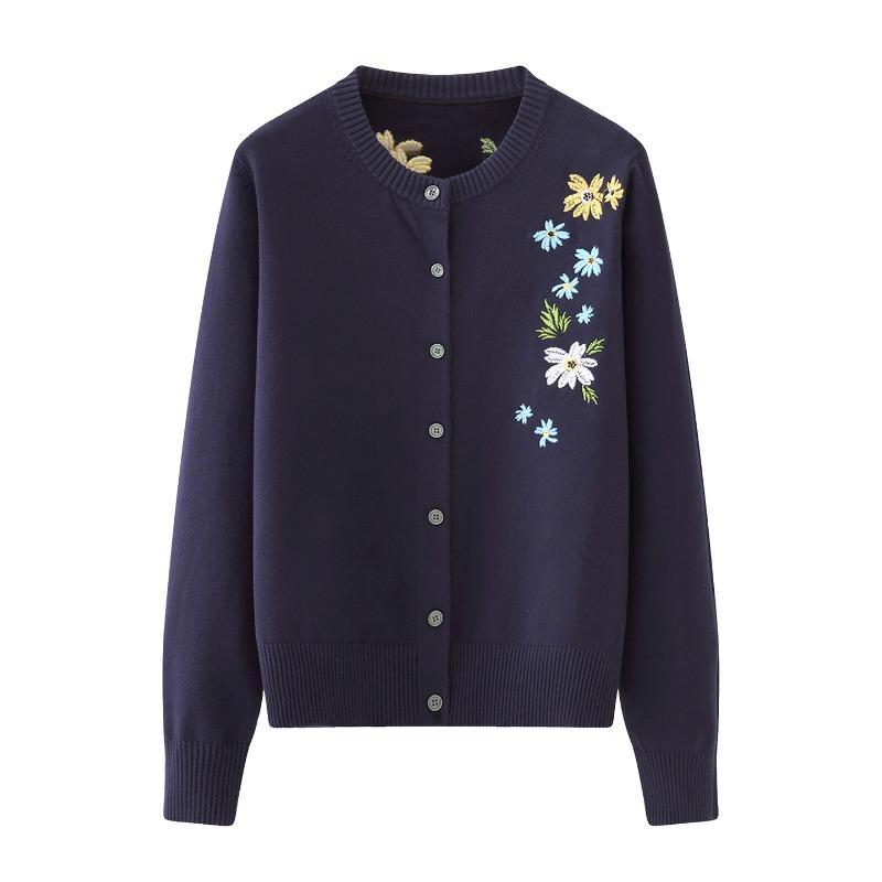Autumn Winter Fashion Loose Embroidered Knitted Cardigan Sweater Women's Round Neck Coat Solid Color New Casual Long Sleeved Office Simple Clothing