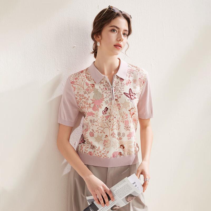Zhaojun Women's Floral Print Mulberry Silk Polo T-shirt